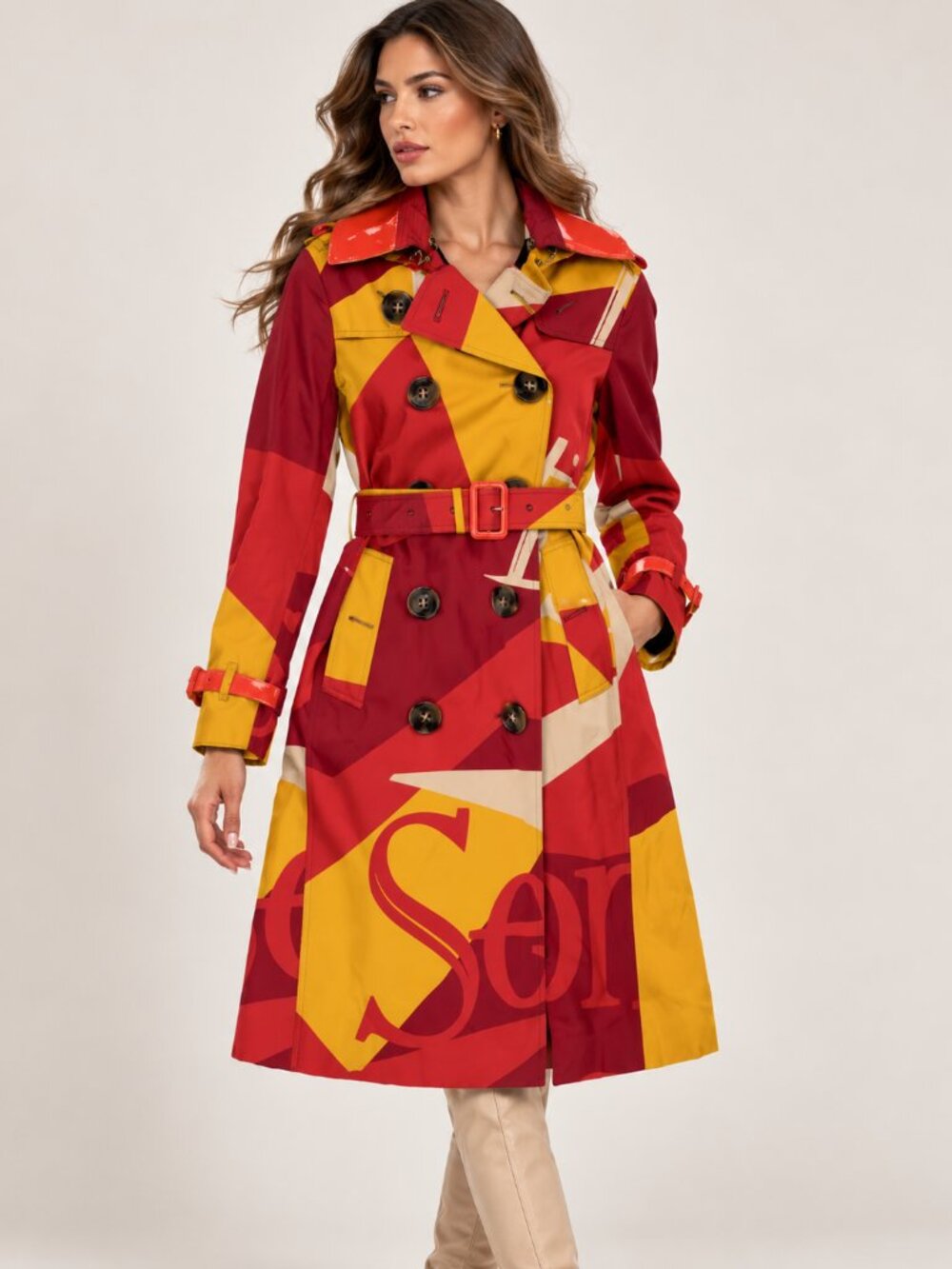 NWT Burberry Multicolor Graphic Print Belted Trench Coat Red Yellow, Size XS
